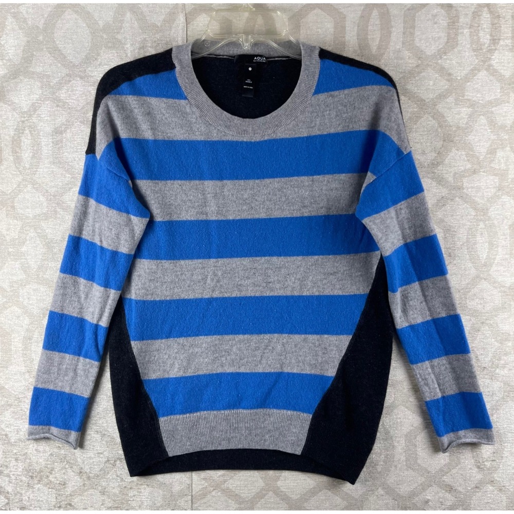 Aqua Cashmere Women Small Blue Striped Long Sleeve 100% Cashmere Sweater